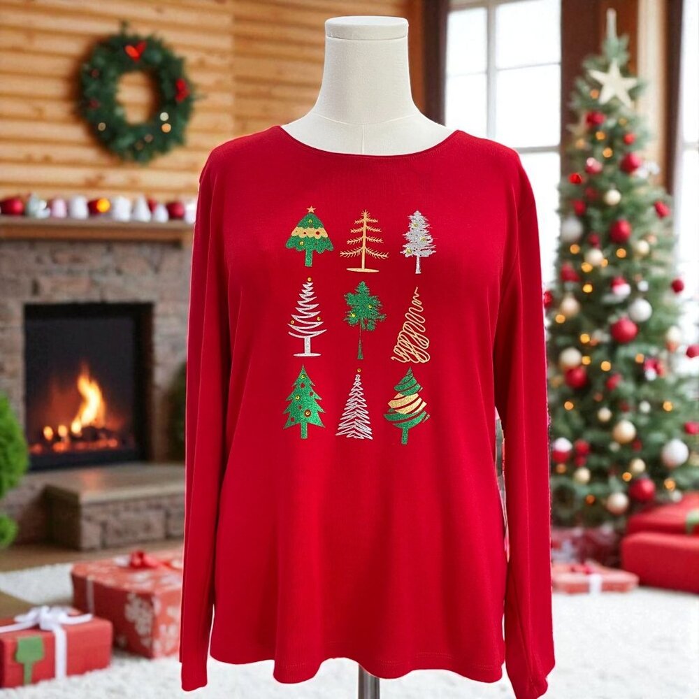 Holiday Lane Christmas Tree Red Long Sleeve Top Petites XL Cozy Wintercore‎